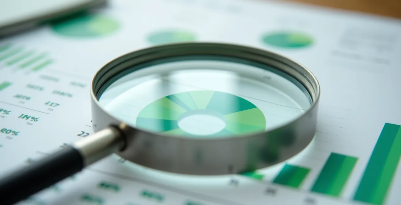 Main tenant une loupe grossissante au-dessus d'un rapport de durabilité avec graphiques colorés